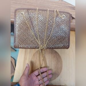 Vintage* The Bay, Made in Italy, Tan Clutch/Cross Body with Long Chain Strap